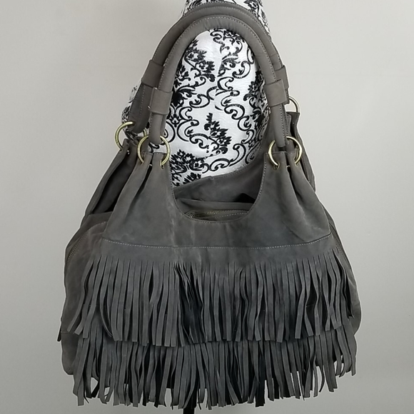 SACHI Handbags - Sachi Dark Gray Fringed faux suede shoulder bag